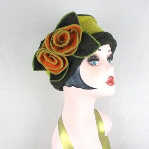 Felted Wool Winter Hat Platania Italy Grey Green Melon Orange Vintage 1990